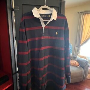 Ralph Lauren Men's Navy and Burgundy Striped Polo Shirt